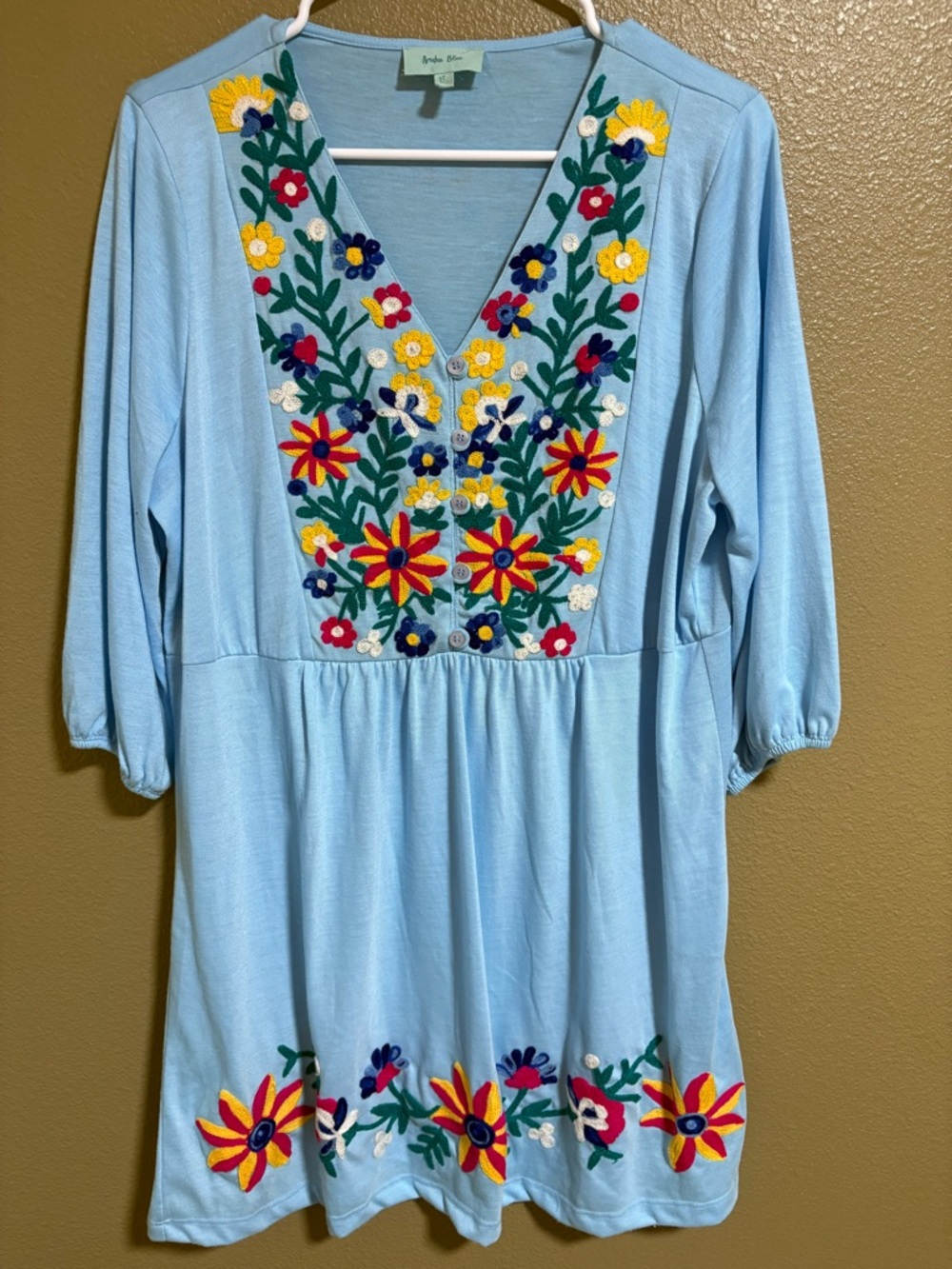 Aruba Blue Dress/blouse Large Embroidered 3/4 Sleeves Whimsical Spring Sz XL